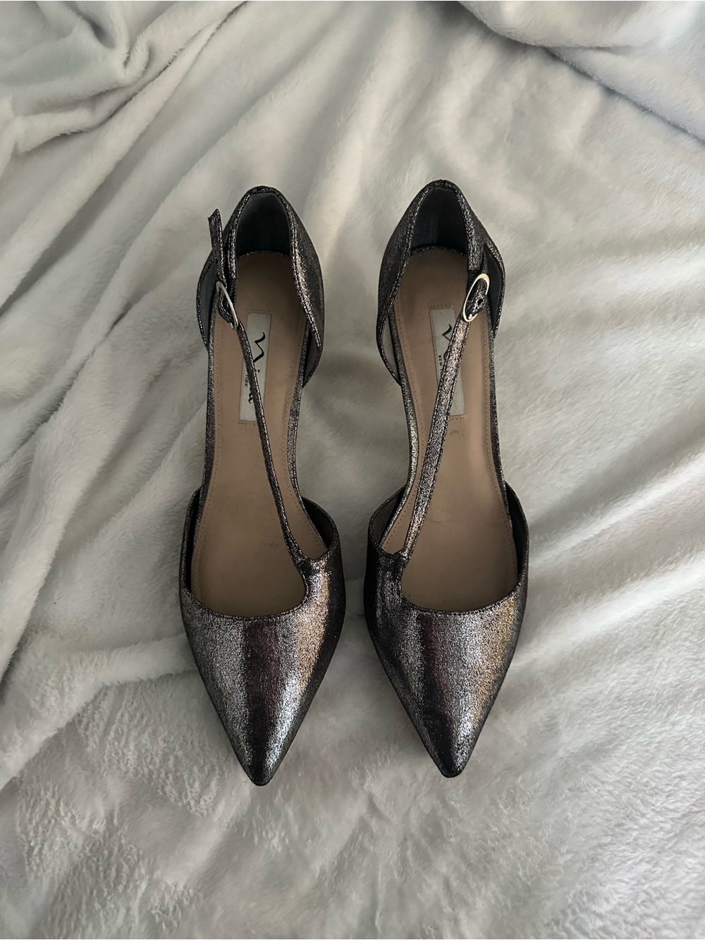 Nina Metallic Pewter Pointed T-Strap Heels